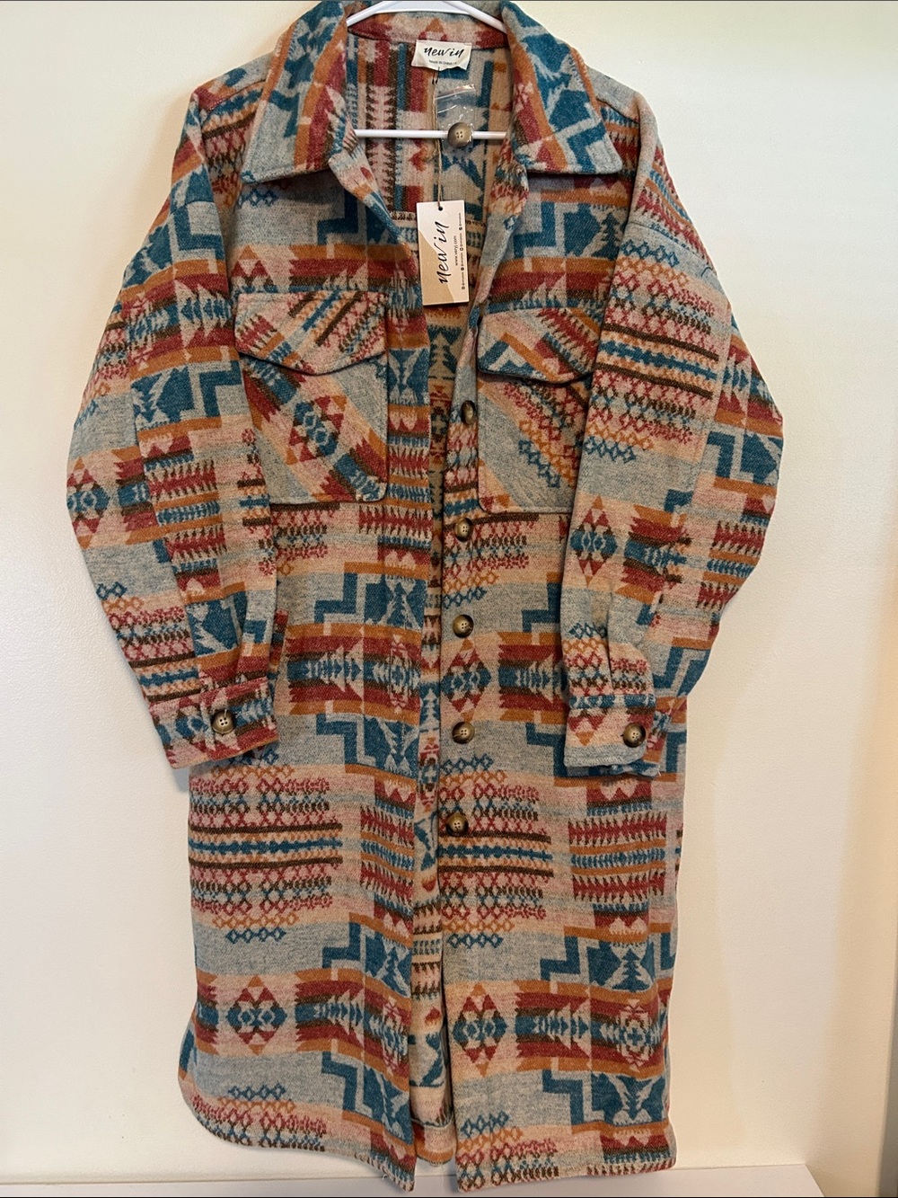 New In Aztec-Print Long Shacket Jacket in Multi-Color